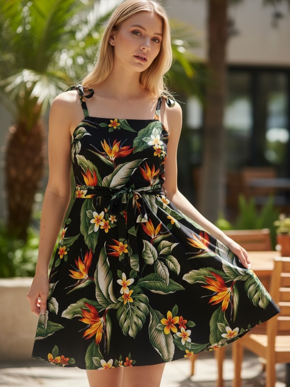 Bird of Paradise Tropical Sundress Tie Strap Fit Flare Resort Vacation Dress